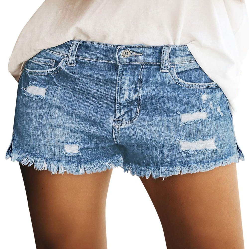 luvamia Jean Shorts Womens Mid Rise Stretchy Cut Off Frayed Denim Shorts Ripped Summer Casual Beach Vacation Clothes Medium Blue Size Medium Fits US 8-10