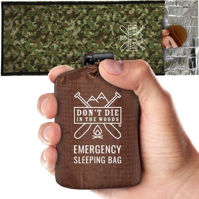 Dont Die In The Woods - Emergency Sleeping Bag With Hood - Made With Extra Thick Thermal Mylar - 10 Essential Hiking Camping Blanket, Survival Gear Tactical Car Disaster Bug Out First Aid Kits (Camo)
