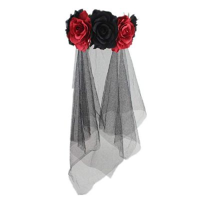 Gothic Rose Floral Headband Crown Veil Women Halloween Cosplay Day of The Dead Masquerade Mexican Flower Hairband Garland Headpiece Hair Wreath Black Witch Vampire Bridal Veil Costume Accessory