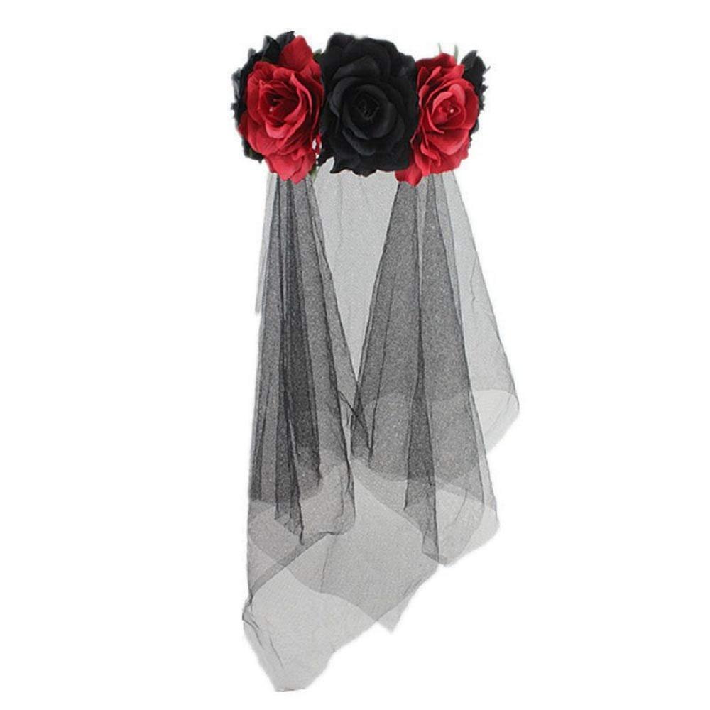 Gothic Rose Floral Headband Crown Veil Women Halloween Cosplay Day of The Dead Masquerade Mexican Flower Hairband Garland Headpiece Hair Wreath Black Witch Vampire Bridal Veil Costume Accessory