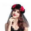 Gothic Rose Floral Headband Crown Veil Women Halloween Cosplay Day of The Dead Masquerade Mexican Flower Hairband Garland Headpiece Hair Wreath Black Witch Vampire Bridal Veil Costume Accessory view 2