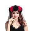 Gothic Rose Floral Headband Crown Veil Women Halloween Cosplay Day of The Dead Masquerade Mexican Flower Hairband Garland Headpiece Hair Wreath Black Witch Vampire Bridal Veil Costume Accessory view 3