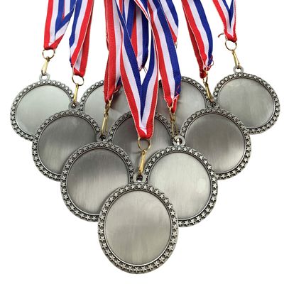 Silver Blank Insert Medals and Red White and Blue Neck Ribbons. (Pack of 10)
