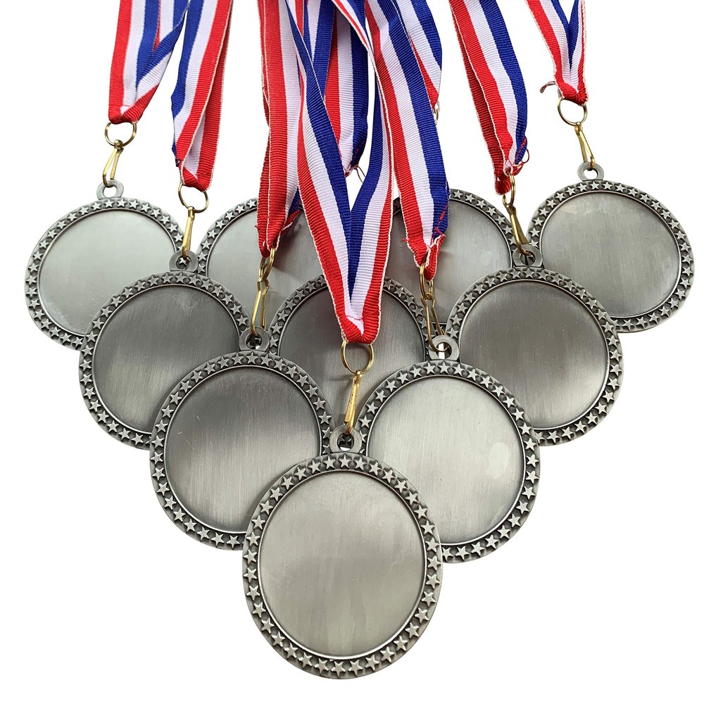 Silver Blank Insert Medals and Red White and Blue Neck Ribbons. (Pack of 10)