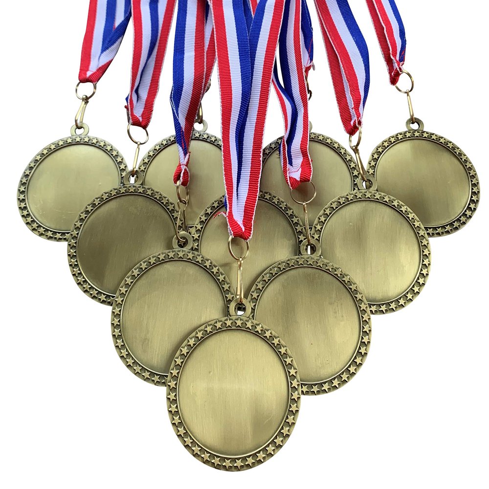 10 Pack of 2-1/2 inch Diameter Die-Cast Metal Antique Gold DIY Blank Insert Star Medals and Attached Red White and Blue Neck Ribbons.