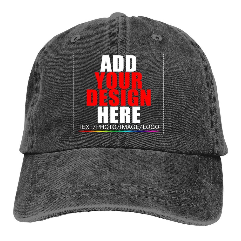 Custom Baseball Caps, Design Your Own Hat, Team Photo Text Logo Graphic Print Denim Black