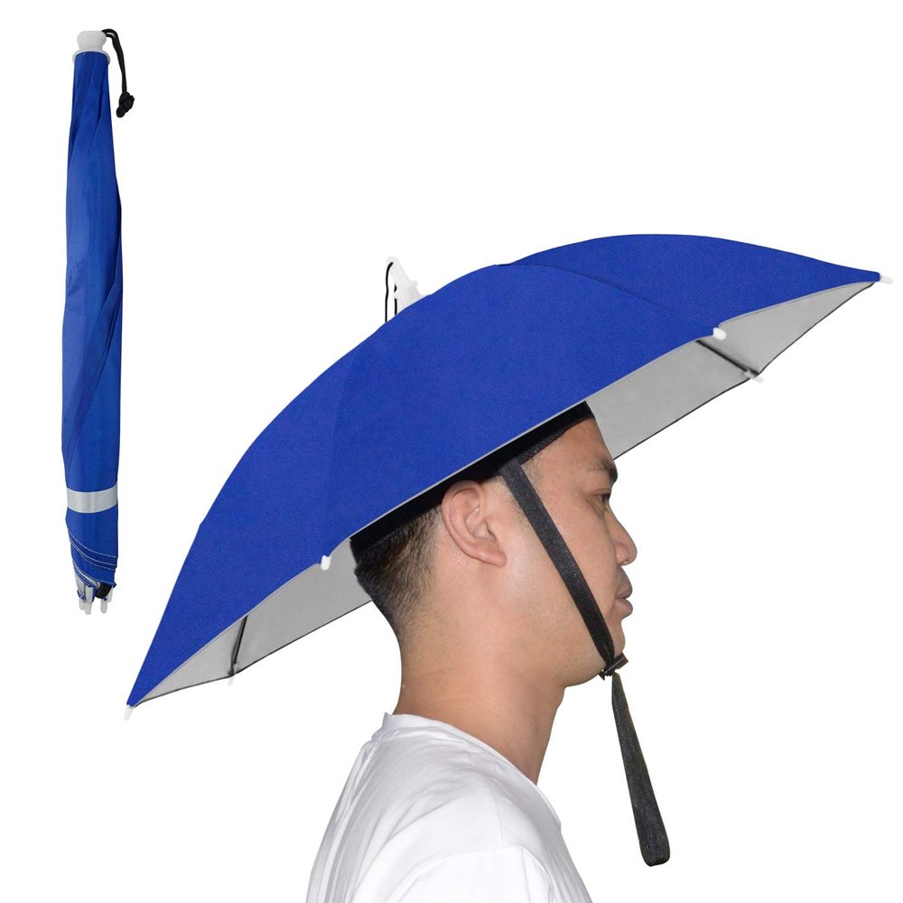 NEW-Vi Umbrella Hat, 25 inch Hands Free Umbrella Cap for Adults and Kids, Fishing Golf Gardening Sunshade Outdoor Headwear (Blue/Silver 2 Pcs)