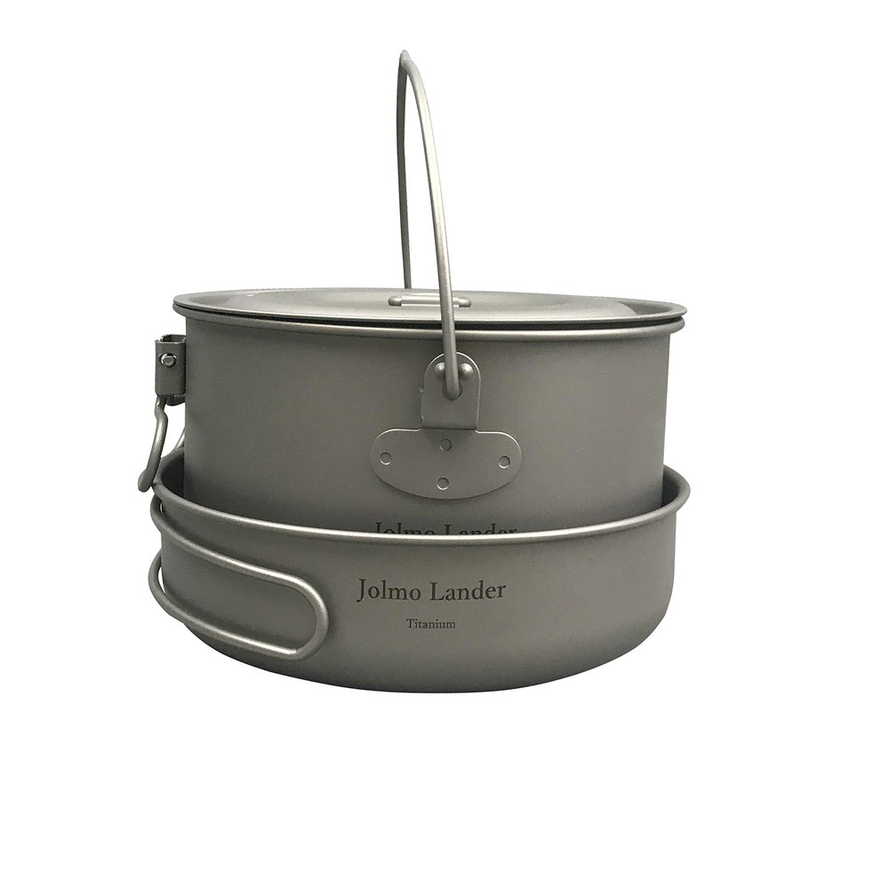 Jolmo Lander Ultralight Backpacking Camping Pot and Frying Pan Set,Titanium Pot 1300ml with Bail Handle Titanium Frying Pan D150mm