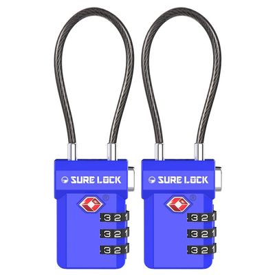 SURE LOCK TSA Approved Cable Luggage Lock TSA Locks for Luggage with Visual Inspection Indicator, Resettable 3-Digit Combination, Zinc Alloy Body for Suitcases, Backpacks, Gym Lockers(Blue 2 Pack)