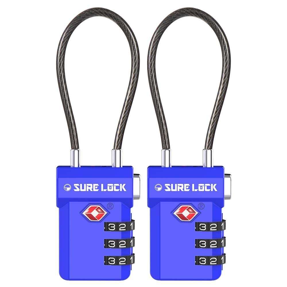 SURE LOCK TSA Approved Cable Luggage Lock TSA Locks for Luggage with Visual Inspection Indicator, Resettable 3-Digit Combination, Zinc Alloy Body for Suitcases, Backpacks, Gym Lockers(Blue 2 Pack)