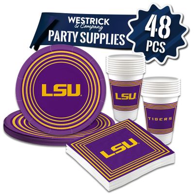 LSU Tigers Party Supplies 48 Piece Officially Licensed University Set: 16 oz. Plastic Beverage Cups, 9" Paper Plates, Luncheon Napkins, Complete Party Supplies for 16 Guests by Westrick