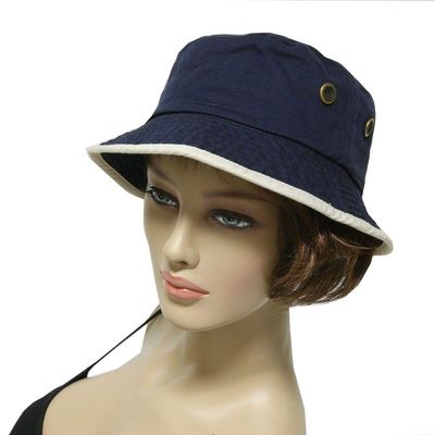 100% Cotton Bucket Hat Cap Fishing 2 Tone Brim Hiking Sun Womens Mens Size L/XL (Navy/Putty)