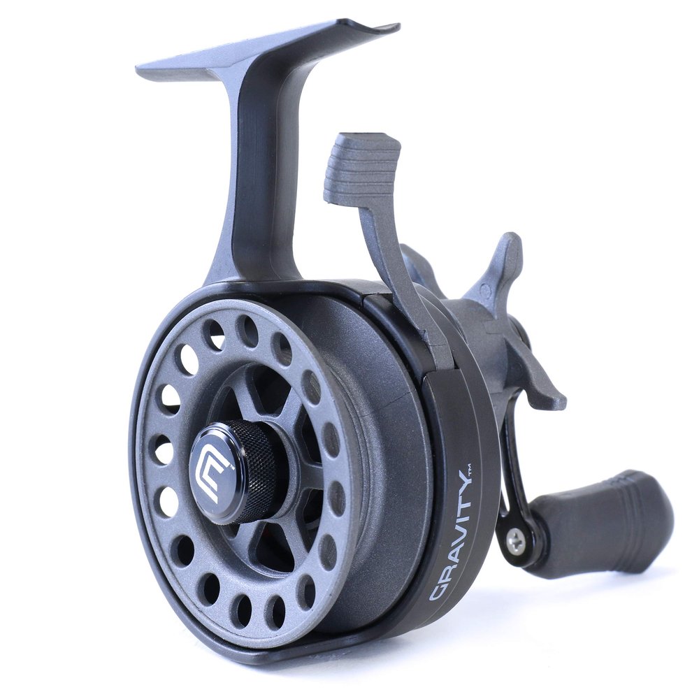 CLAM Gravity Inline Ice Fishing Reel Ultra-Light Graphite, 3.6:1 Gear Ratio, 3+1 Bearings, Left-Hand Retrieve