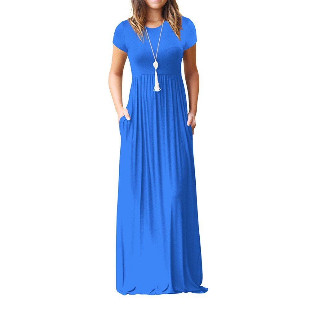 Clopon Women's Long Maxi Dresses, Short Sleeve Dress with Pockets for Ladies Solid Round Neck Party Dress (S, Blue)