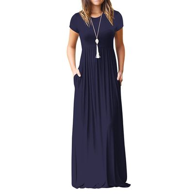 Clopon Women's Long Maxi Dresses, Short Sleeve Dress with Pockets for Ladies Solid Round Neck Party Dress (L, Navy)
