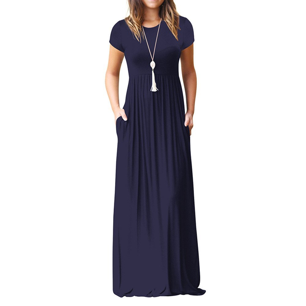 Clopon Women's Long Maxi Dresses, Short Sleeve Dress with Pockets for Ladies Solid Round Neck Party Dress (L, Navy)