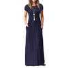 Clopon Women's Long Maxi Dresses, Short Sleeve Dress with Pockets for Ladies Solid Round Neck Party Dress (L, Navy) view 1