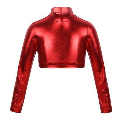 dPois Girls Long Sleeves Shiny Metallic Crop Tops T-Shirts Gymnastic Dance Jazz Hip Hop Dancewear Activewear Red 12