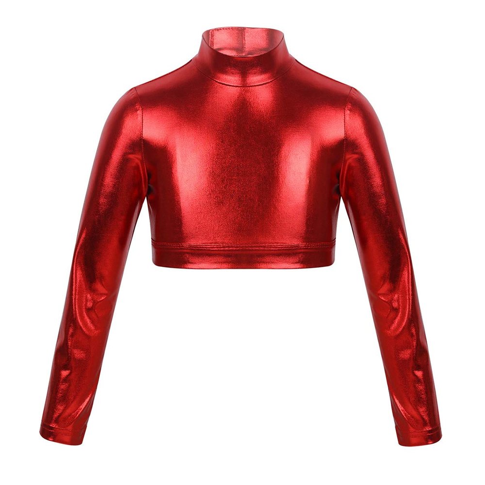 dPois Girls Long Sleeves Shiny Metallic Crop Tops T-Shirts Gymnastic Dance Jazz Hip Hop Dancewear Activewear Red 12