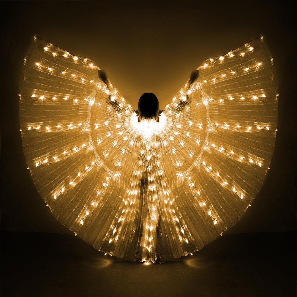 iMucci LED Lights Belly Dance Isis Wings - Bellydance Glow Angel dance Wings with Telescopic Sticks Flexible Rods for Adults and Child Yellow