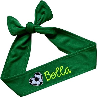 Funny Girl Designs Soccer Headband Moisture Wicking TIE BACK Personalized with Embroidered HEART and Custom Name (GREEN Tie Back)