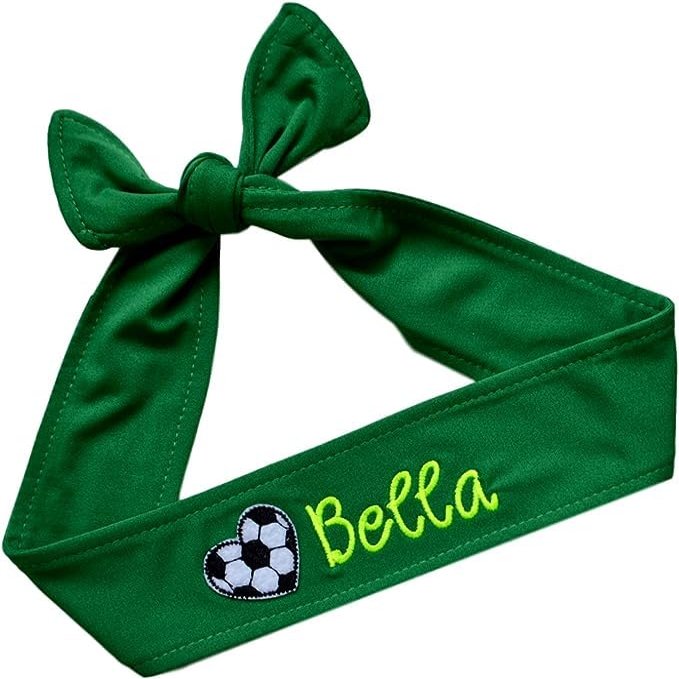 Funny Girl Designs Soccer Headband Moisture Wicking TIE BACK Personalized with Embroidered HEART and Custom Name (GREEN Tie Back)