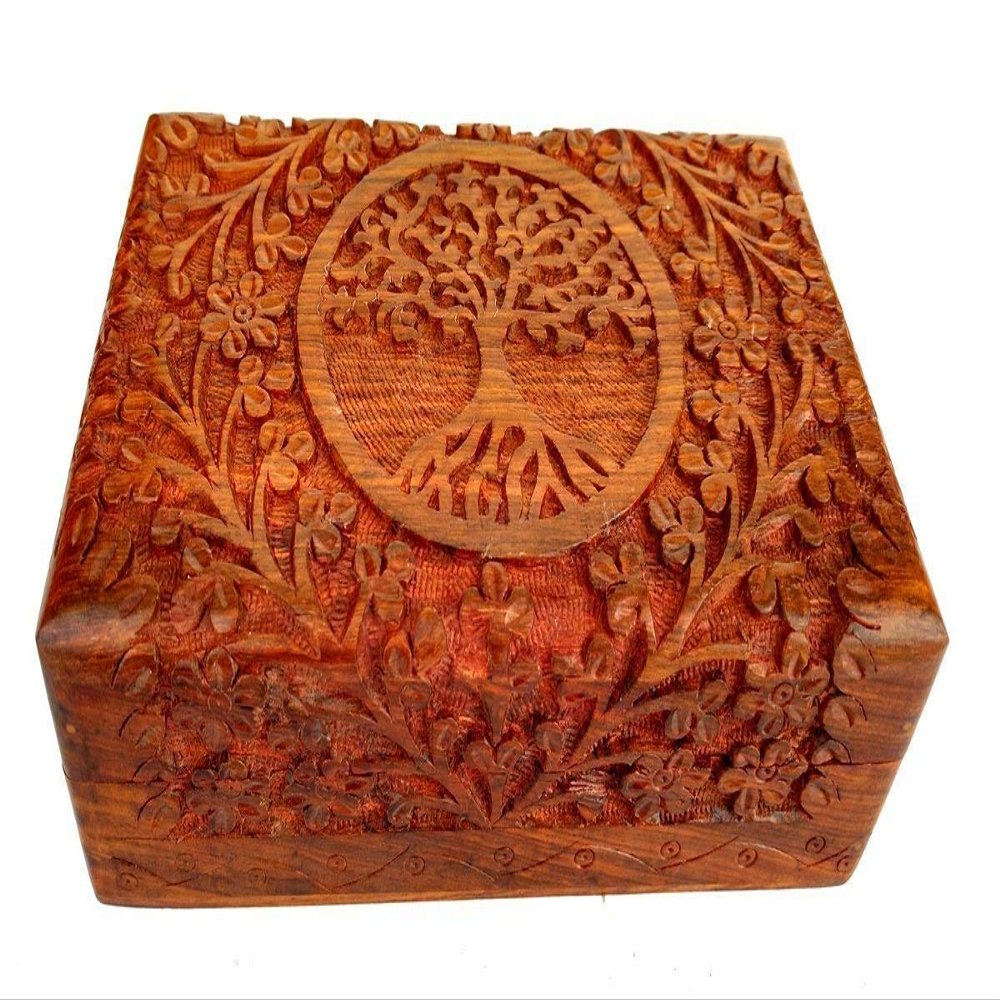 Craft N Copper Handcrafted fine Wooden Carving Tree of Life Box for Jewellery Storage