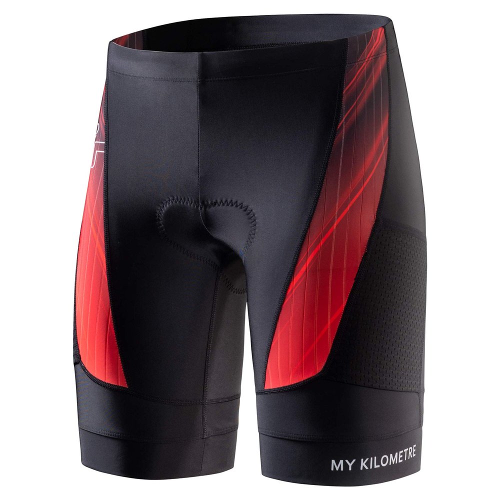 MY KILOMETRE Mens Triathlon Shorts with Adjustable Drawstring Easy Reach Leg Pockets Chamois for Long-Distance Tri Race (SideRed-Black Medium)