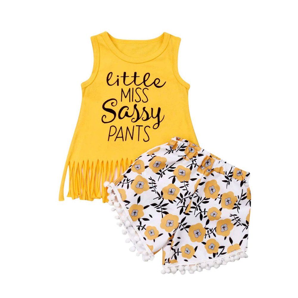 Toddler Kid Baby Girls Sleeveless Tassel Vest Tank Top T-Shirt Floral Shorts Summer Outfits Set 1-6Y (1-2Y, Yellow)