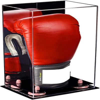 Better Display Cases Acrylic Vertical Boxing Glove Display Case with Mirror Case, Pink Risers and Black Base 8" x 6" x 14" (A092/V18)