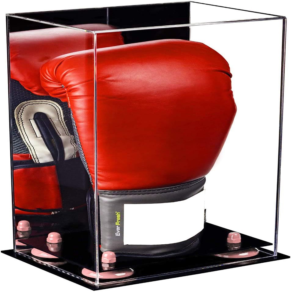 Better Display Cases Acrylic Vertical Boxing Glove Display Case with Mirror Case, Pink Risers and Black Base 8" x 6" x 14" (A092/V18)
