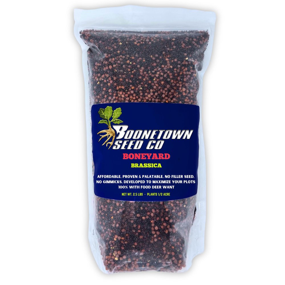 Boonetown Seed Company - Boneyard Brassica Deer Food Plot Seeds, 3 LB Bag 1/3 Acre Coverage, Food Plot Seed Mix of Daikon Radish, Purple Top and Barkant Turnip, Pasja Forage Hybrid, Rape