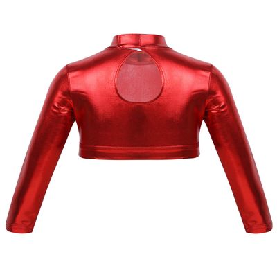 Agoky Kids Girls Long Sleeve Metallic Sportswear Athletic Dance T-Shirt Crop Top for Gym Cheerleading Dance Stage Performance Red 14