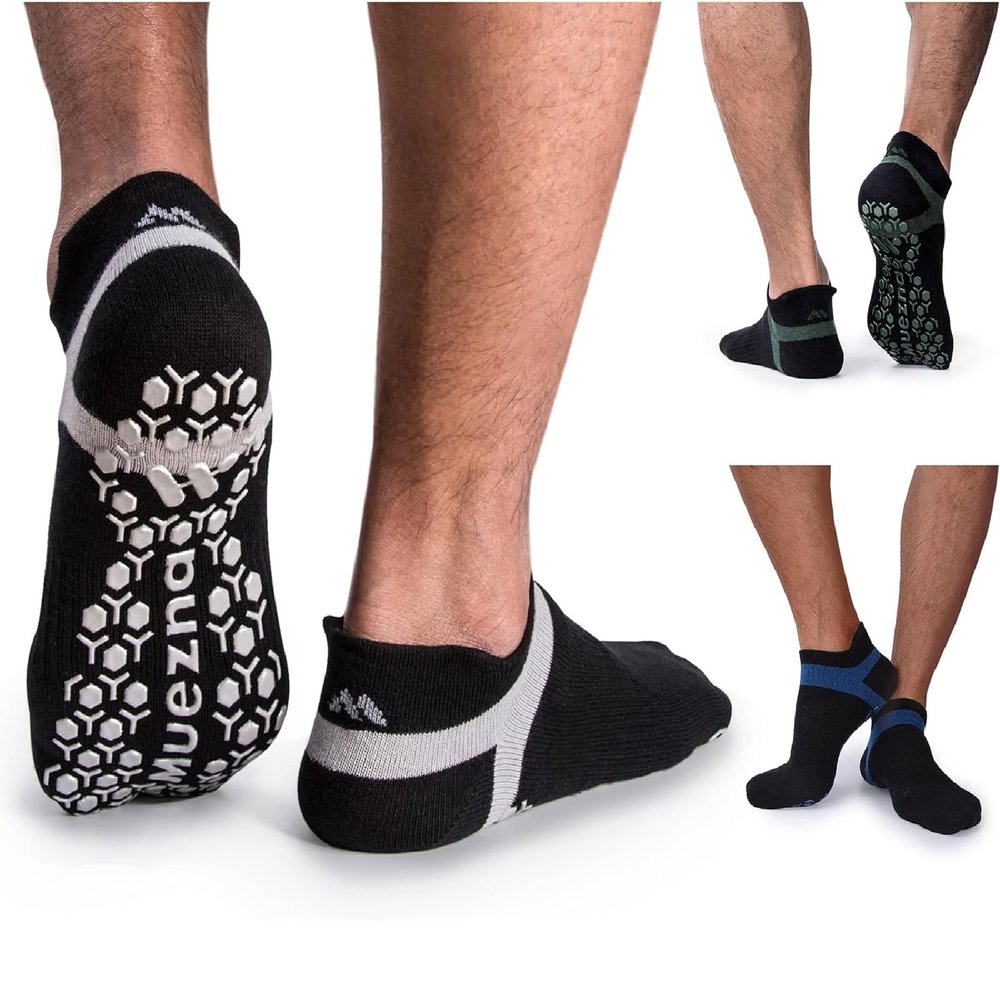 Muezna Men's Non-Slip Yoga Socks, Anti-Skid Pilates, Barre, Bikram Fitness Hospital Slipper Socks with Grips