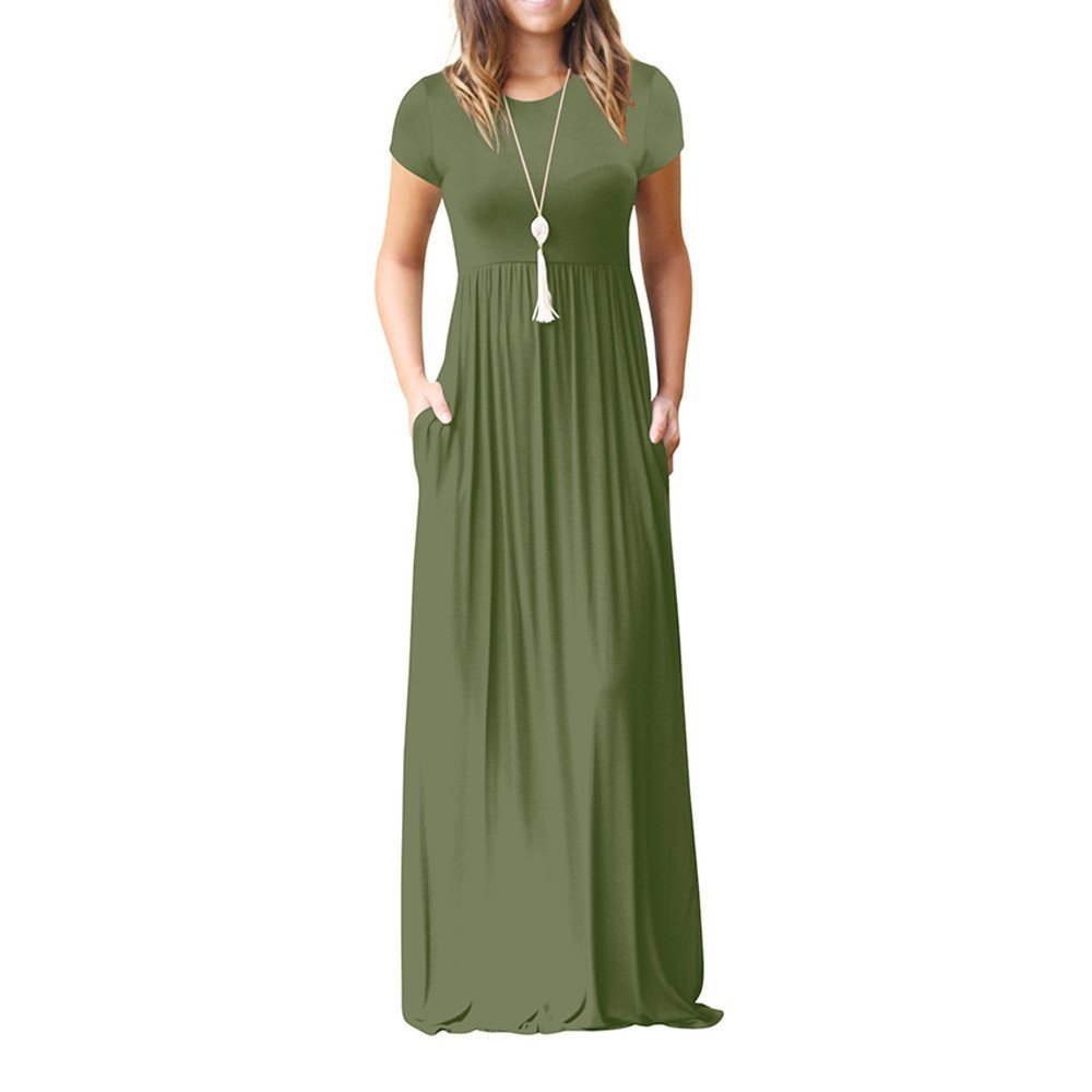 Clopon Women's Long Maxi Dresses, Short Sleeve Dress with Pockets for Ladies Solid Round Neck Party Dress (M, Green)