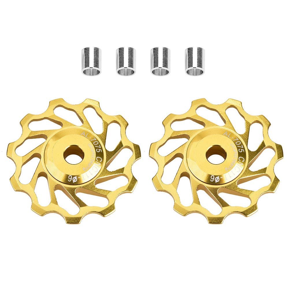 Bicycle Derailleur Pulley Set, 11T/13T Aluminum Alloy Ceramic Bearing Rear Wheel with Adapters, Golden