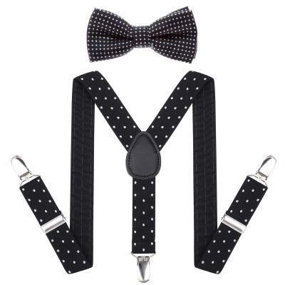 AWAYTR Child Kids Suspenders Bowtie Set - Adjustable Suspender Set for Boys and Girls (Black Polka dot, 30Inches (6 Years to 5 Feet Tall)