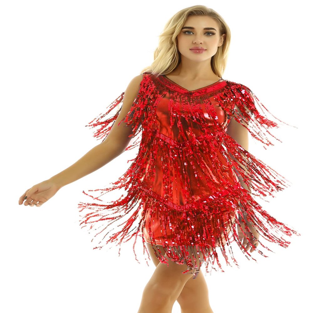 winying Womens V Neck 1920s Sequin Tassels Samba Tango Latin Dance Dress Stage Performance Costume Red XX-Large