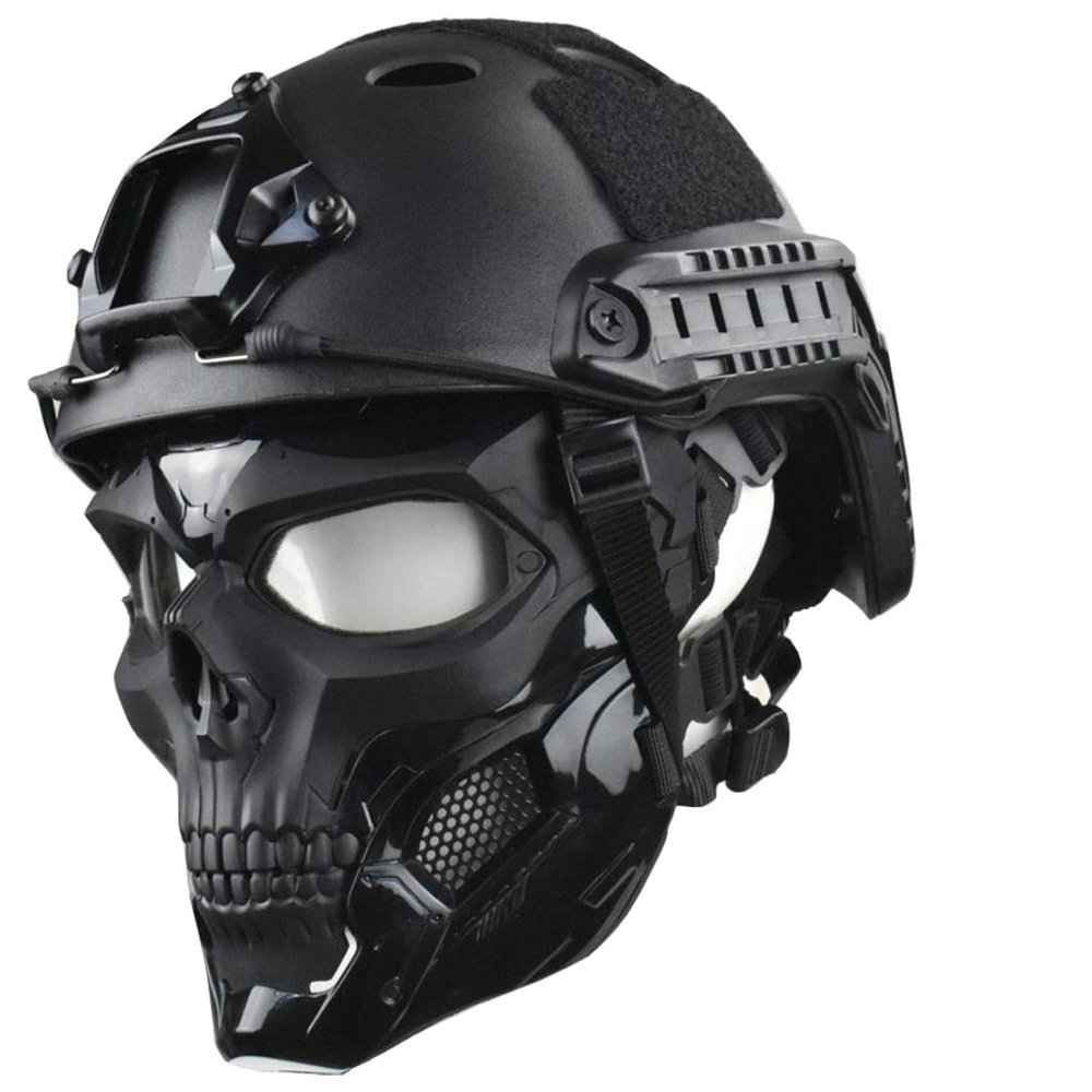 JFFCESTORE Tactical Mask and Fast Helmet,Protective Full Face Clear Goggle Skull mask, Adjustable Chin Strap Large Size for Adult (Mask+Helmet Black)