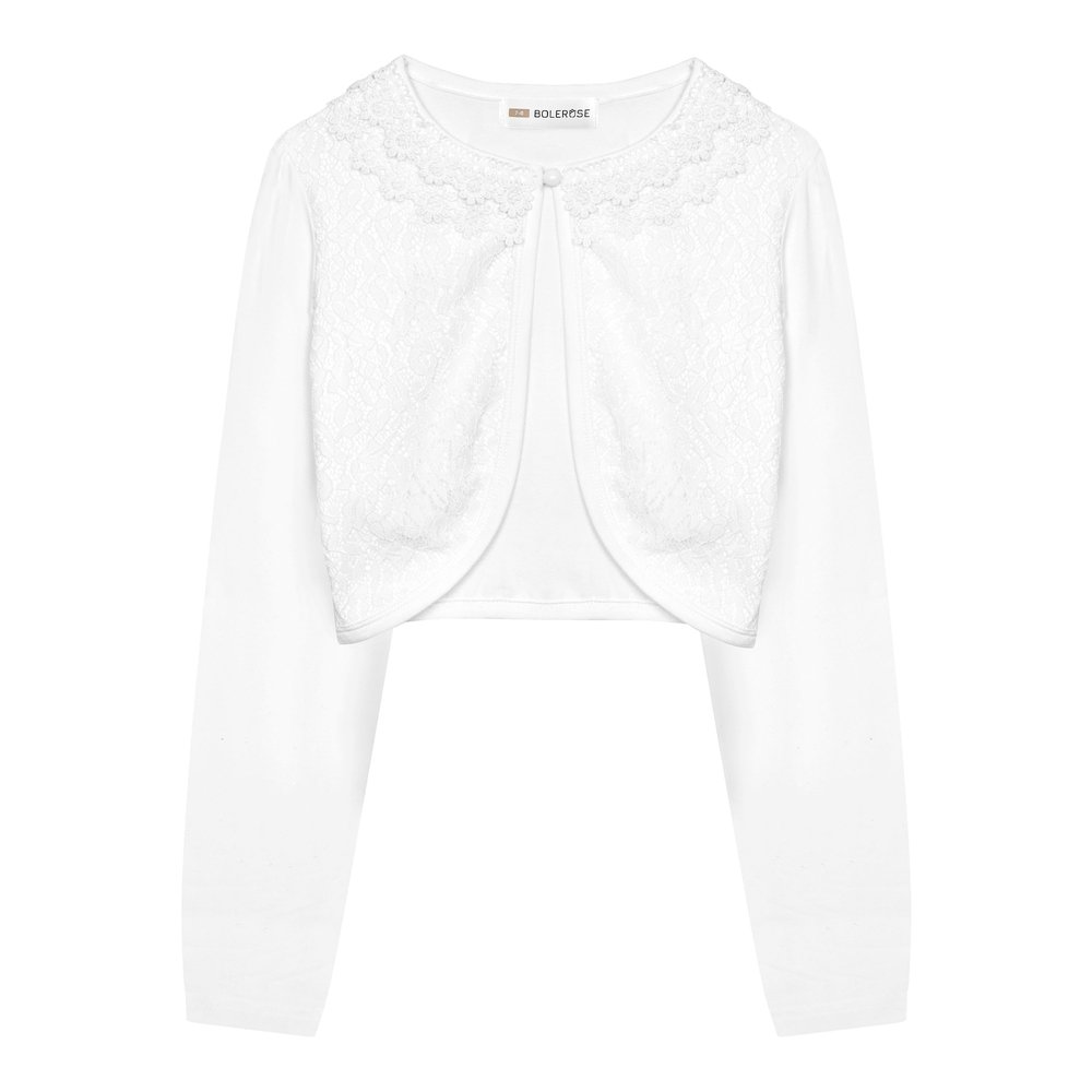 BOLEROSE Girls Long Sleeve Floral Lace Bolero Cardigan Kids Shrug Cover Up (White, 7-8 YRS)