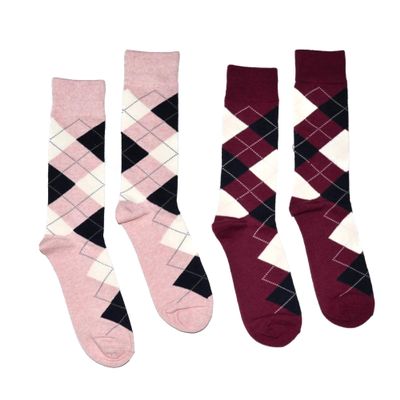 Bop Classy Men's Dress Crew Socks Argyle Pattern 2 Pair Set - Premium Cotton (Pink & Burgundy)