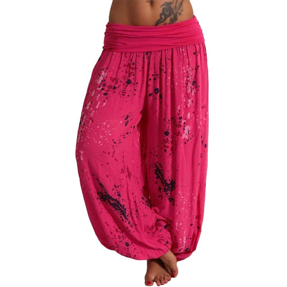 JOFOW Womens Bloomers Harem Pants Dye Splash Print Loose Long Yoga Trousers Hot Pink