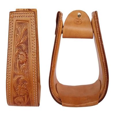 CHALLENGER Horse Western Saddle Tack Floral Hand Tooled Leather Covered Stirrups 51173TN