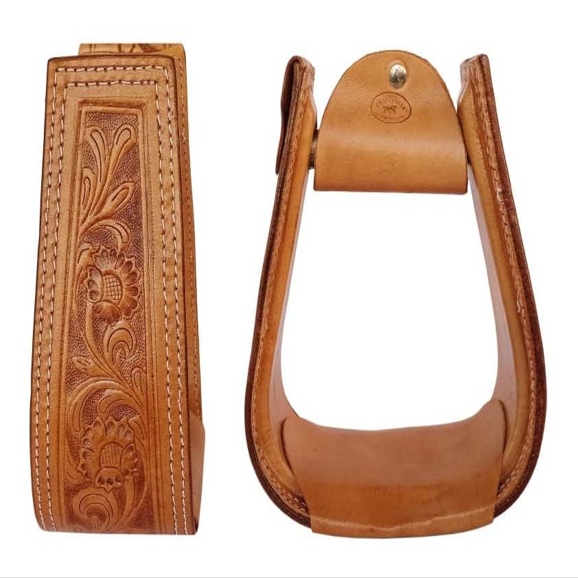 CHALLENGER Horse Western Saddle Tack Floral Hand Tooled Leather Covered Stirrups 51173TN