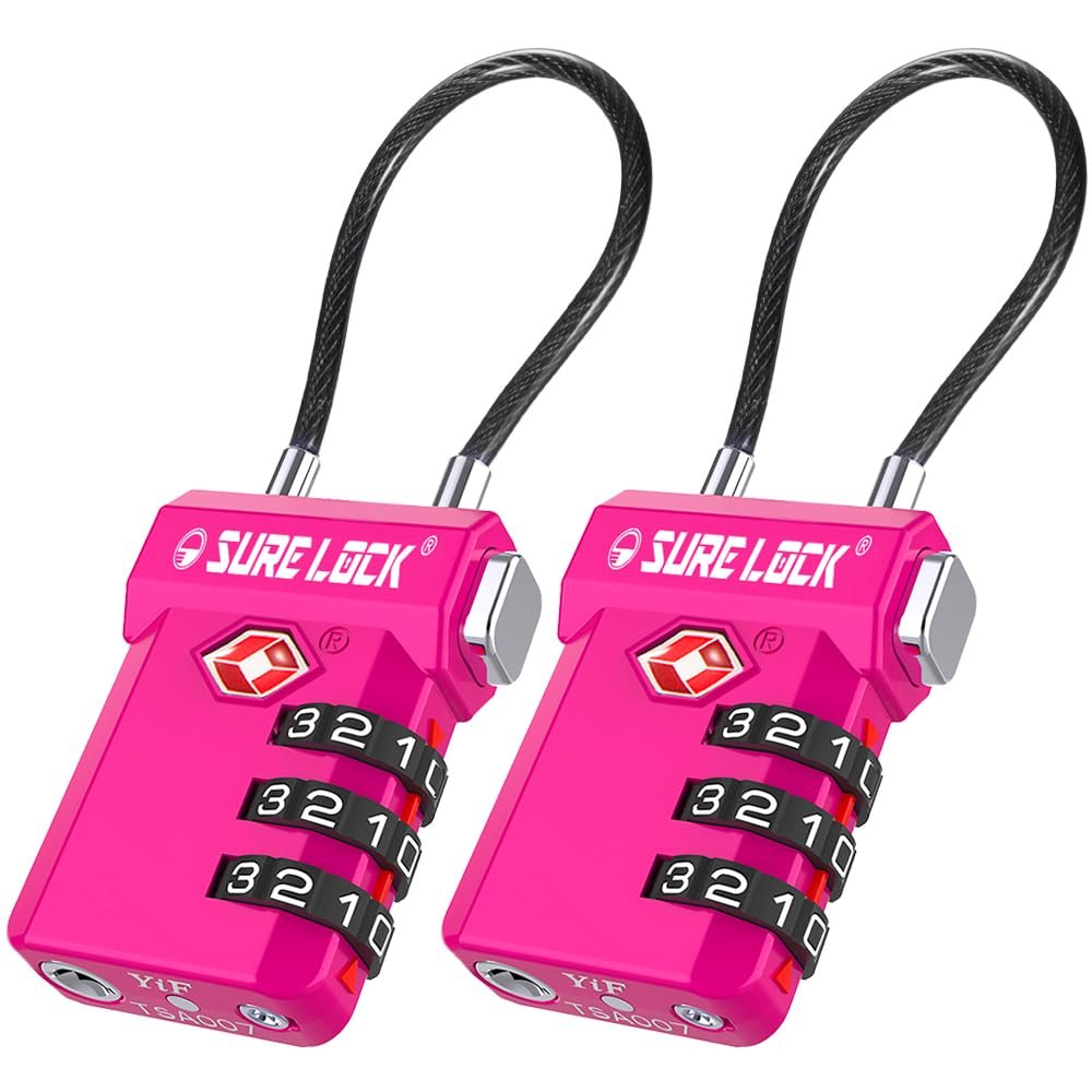 SURE LOCK TSA Approved Luggage Locks with Open Alert Indicator, 3 Digit Combination Cable Travel Lock for Suitcase, Backpack, Gym Locker, Toolbox, Carry On & Travel Bag(Rose 2 Pack)
