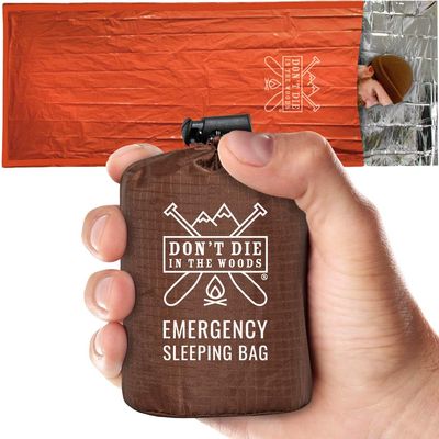 Dont Die in The Woods - Emergency Sleeping Bag with Hood - Made with Extra Thick Thermal Mylar - 10 Essentials Hiking Camping Blanket, Survival Gear Tactical Car Disaster First Aid Kits (Orange)