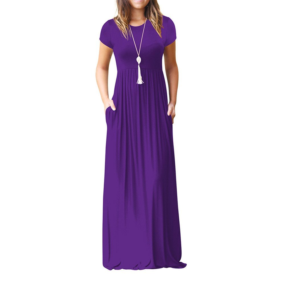 Clopon Women's Long Maxi Dresses, Short Sleeve Dress with Pockets for Ladies Solid Round Neck Party Dress (XXL, Purple)