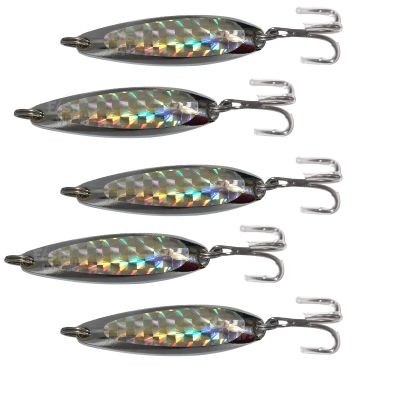 5pcs Fish WOW! 3/4oz Fishing Spoon with a Treble Hook Fish Jigging Casting Lure Baits - Silver Tape