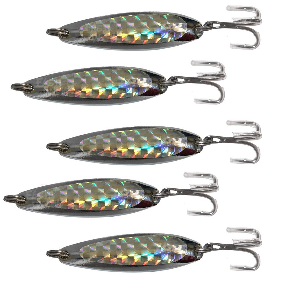 5pcs Fish WOW! 3/4oz Fishing Spoon with a Treble Hook Fish Jigging Casting Lure Baits - Silver Tape