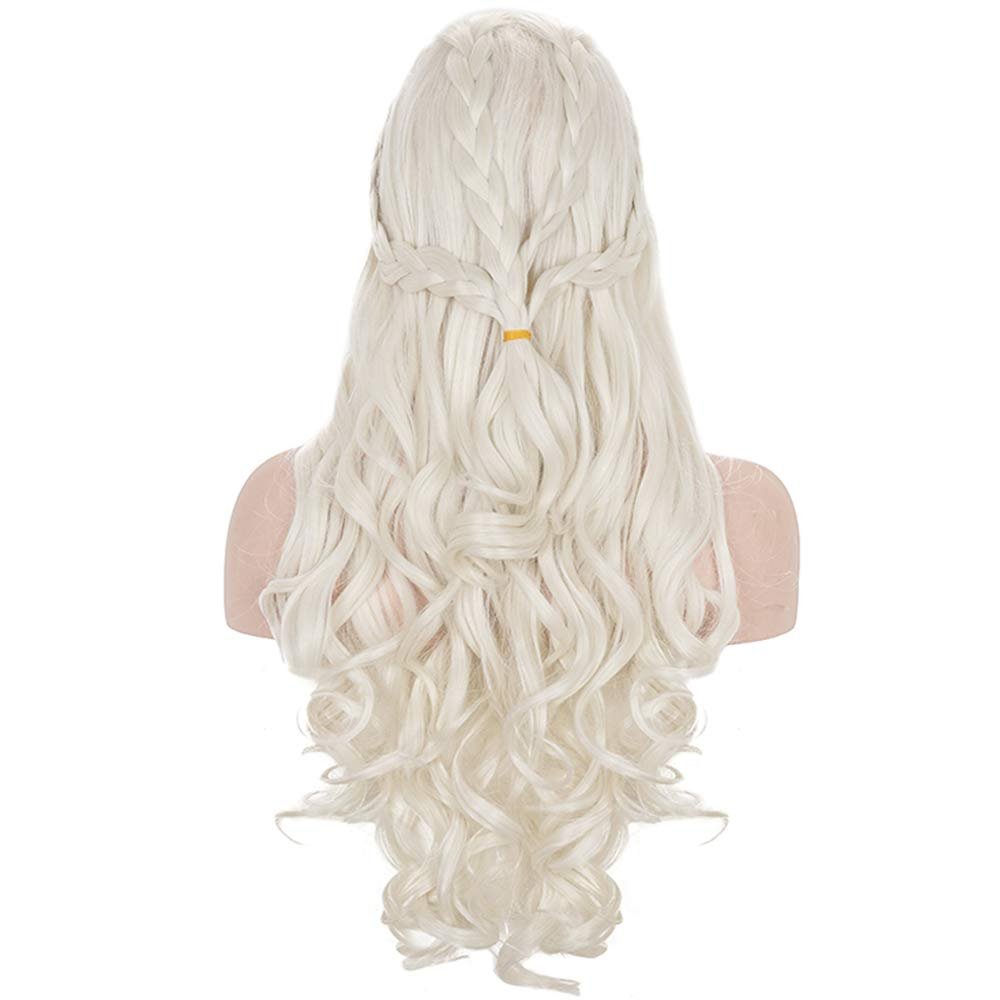 morvally Long Blonde Braided Cosplay Wig Womens Blond Wavy Curly Synthetic Hair Wigs for Halloween Costume Party(Light Blonde)